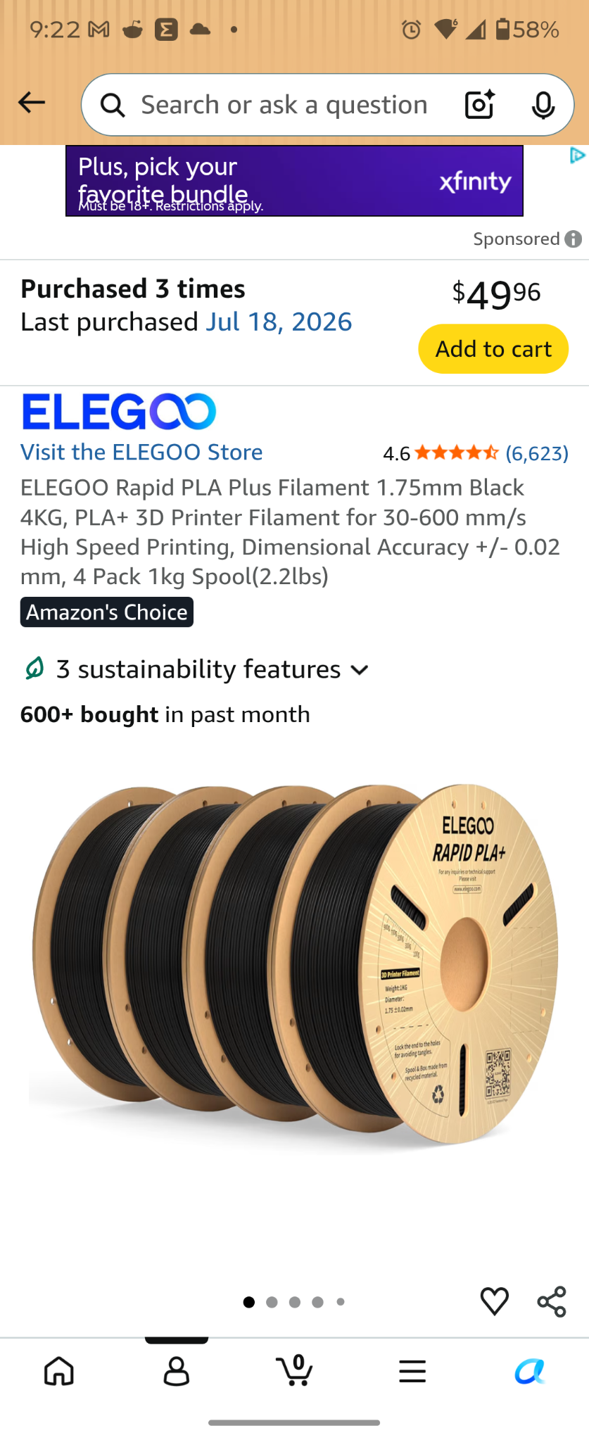 Amazon Listing for Filament